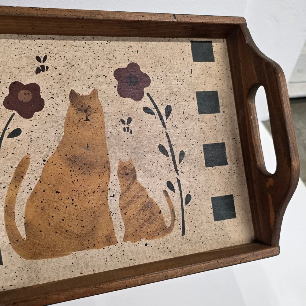 Vintage Primitive Folk Art Wooden Cat Serving Tray Farmhouse Decor Hand Painted